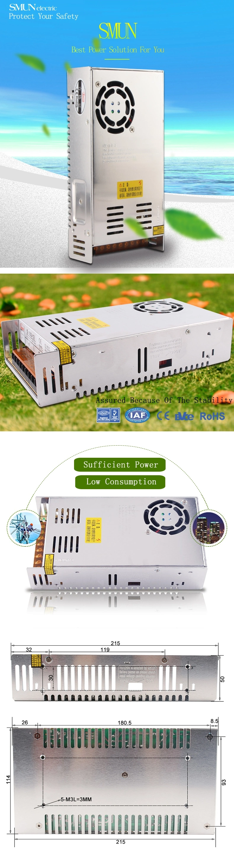 Smun S-350-12 110V/220V Input 350W 12V 29A Output AC-DC Switching Power Supply SMPS